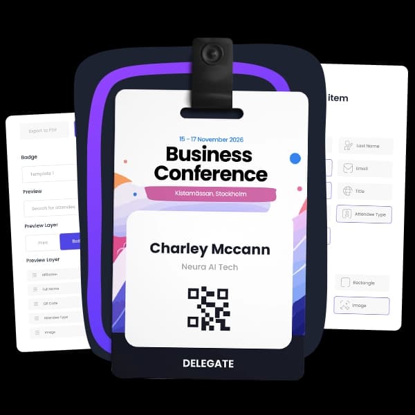 Conference name badge with attendee details and a QR code alongside the Agorify badge designer