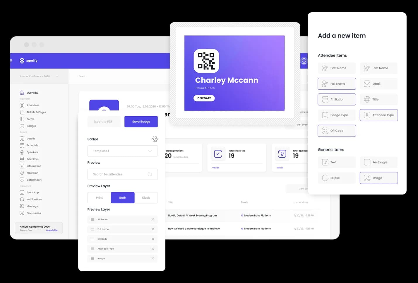 Agorify badge designer with attendee preview and PDF export controls