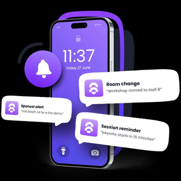 Agorify event app showing push notifications for room changes, sponsor alerts and session reminders