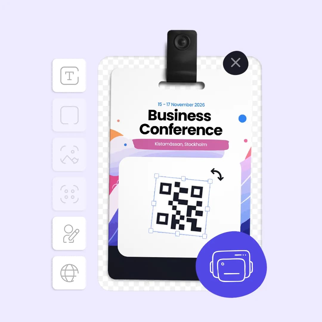 Conference badge design with an editable QR code and badge layout tools