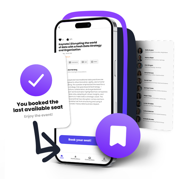 Session booking in the Agorify event app with a confirmed reservation